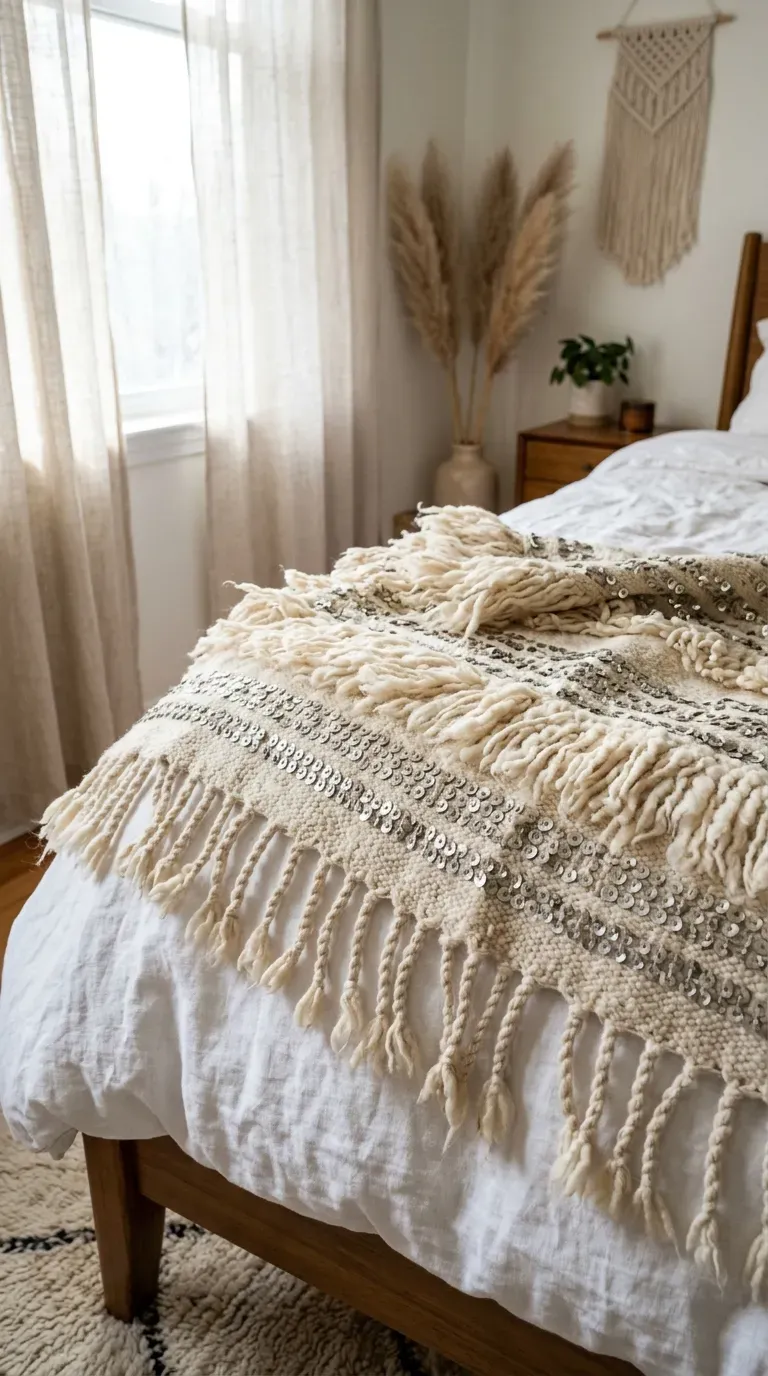 15 Genius Bohemian Home Decor Ideas You Need to Try 10 A beautiful cream Moroccan wedding blanket with sequins on a bed