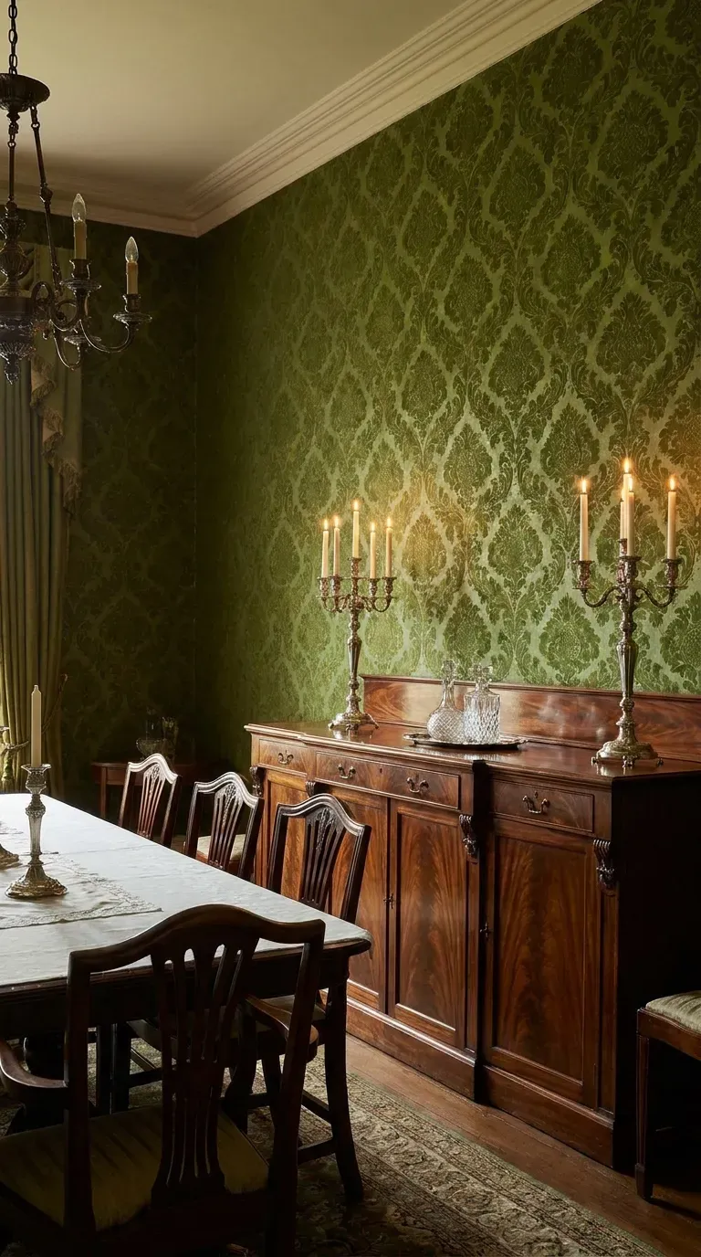 15 Gorgeous Green Aesthetic Wallpaper Ideas You Need to Try 12 A formal dining space featuring elegant moss green damask wallpaper