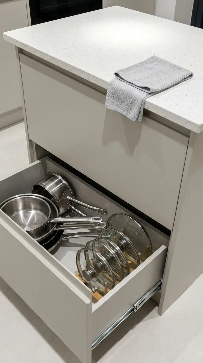 A small, highly organized cube-like kitchen island with deep drawers