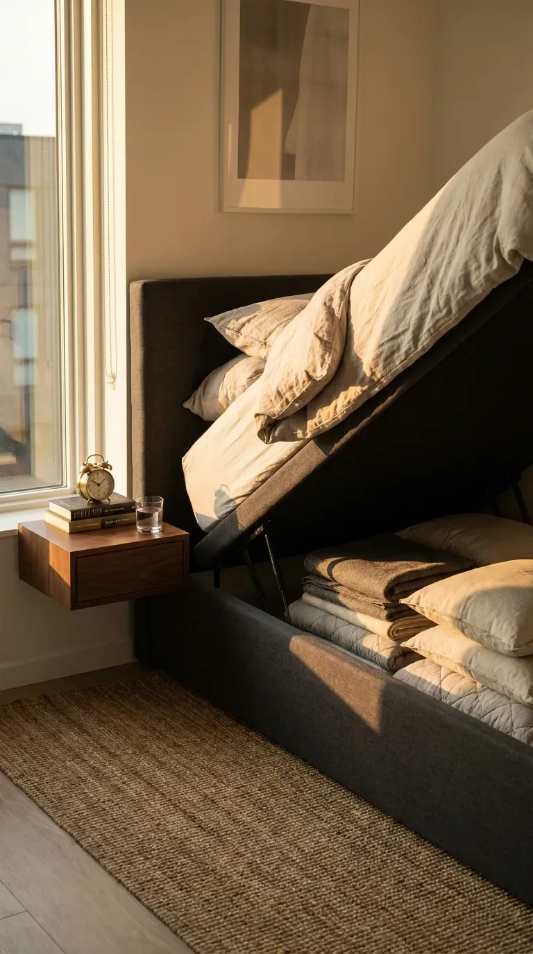 10 Genius Small Room Ideas to Maximize Your Space 3 A sleek storage bed lifting to reveal hidden blankets