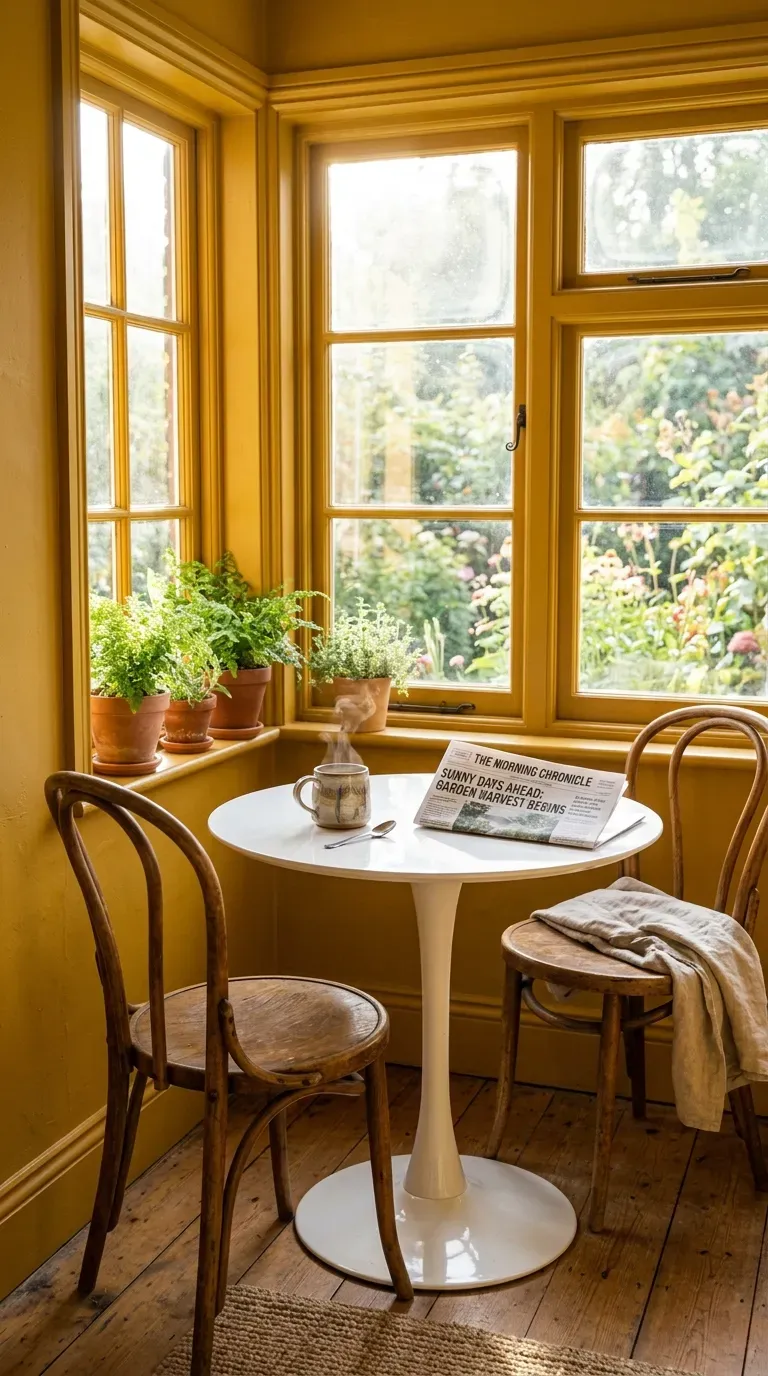 15 Genius Color Drenching Room Ideas You Need to Try 7 A cheerful breakfast nook color-drenched in a vibrant mustard yellow