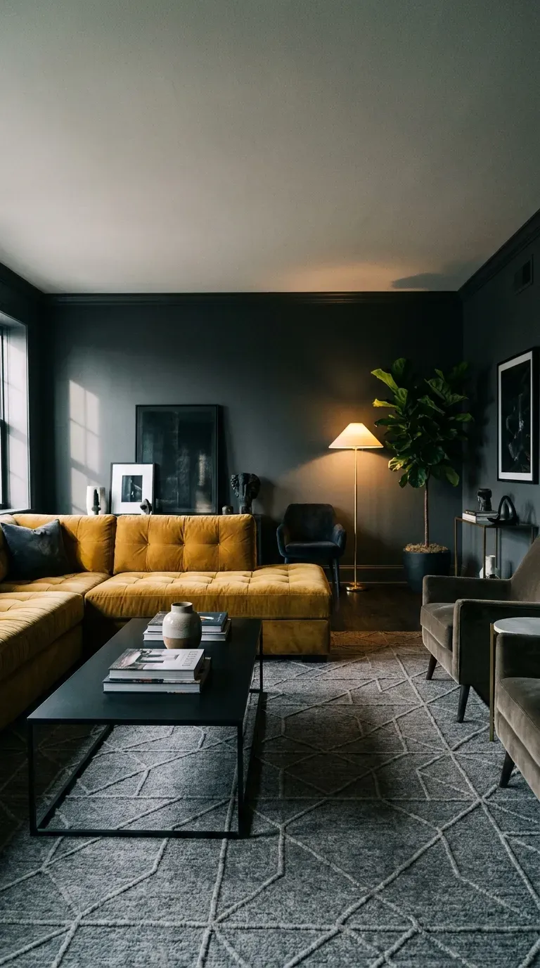 12 Genius Yellow and Gray Color Combo Ideas You Need to Try 2 A moody living room featuring charcoal gray walls and a mustard yellow sofa