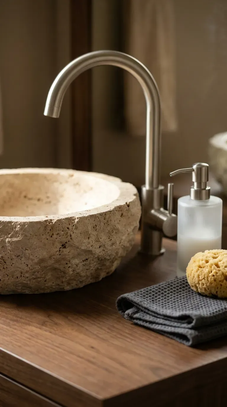 12 Gorgeous Powder Room Ideas for a Stunning Space 6 Raw edge natural travertine vessel sink on a dark wood counter