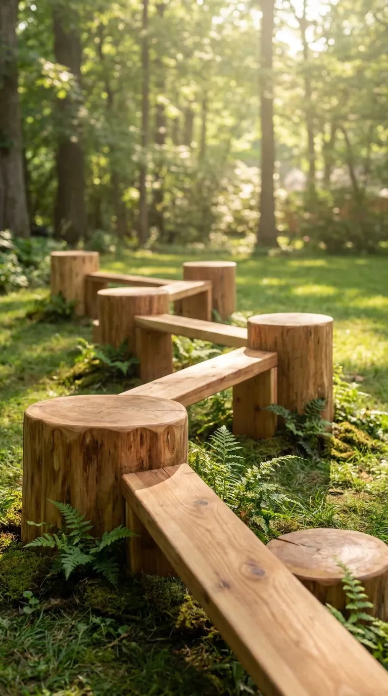 10 Must-Try Fun Outdoor Play Area Ideas Kids Will Love 6 A woodland-inspired kids balance beam made of wooden planks and tree stumps