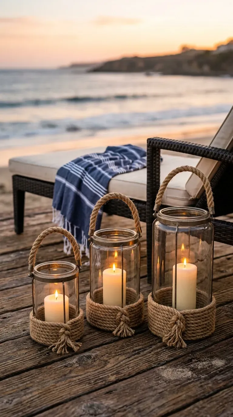 15 Genius DIY Summer Decorations You Need to Try 3 Rustic nautical rope-wrapped glass lanterns glowing on a wooden deck