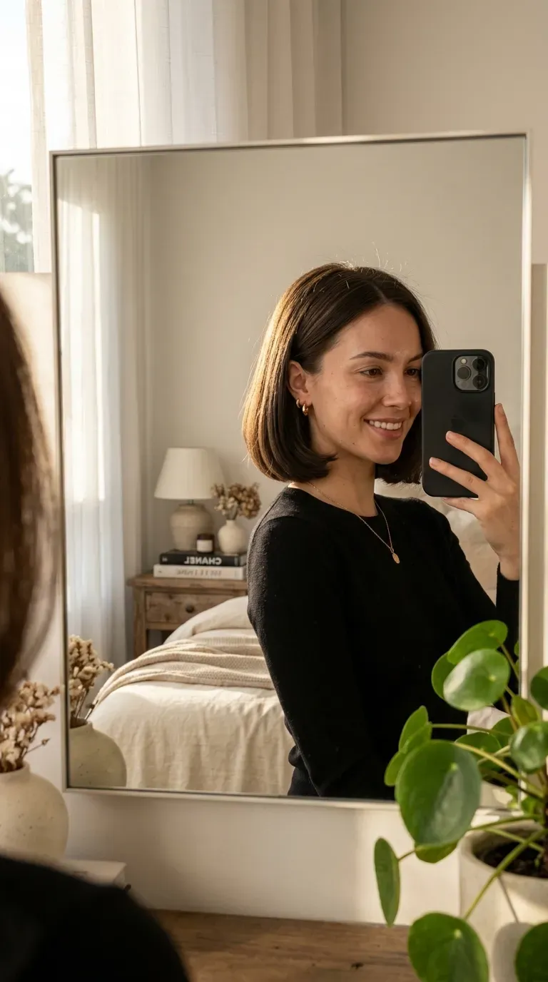 Woman with a neck-length bob taking an iPhone mirror selfie.