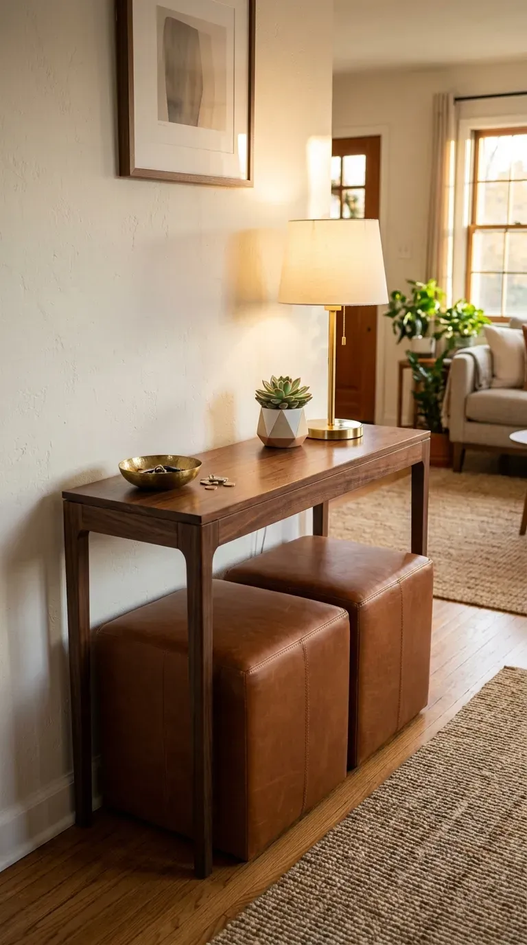 13 Genius Small Apartment Living Rooms You Need to Copy 10 Modern nested stools tucked under a console table