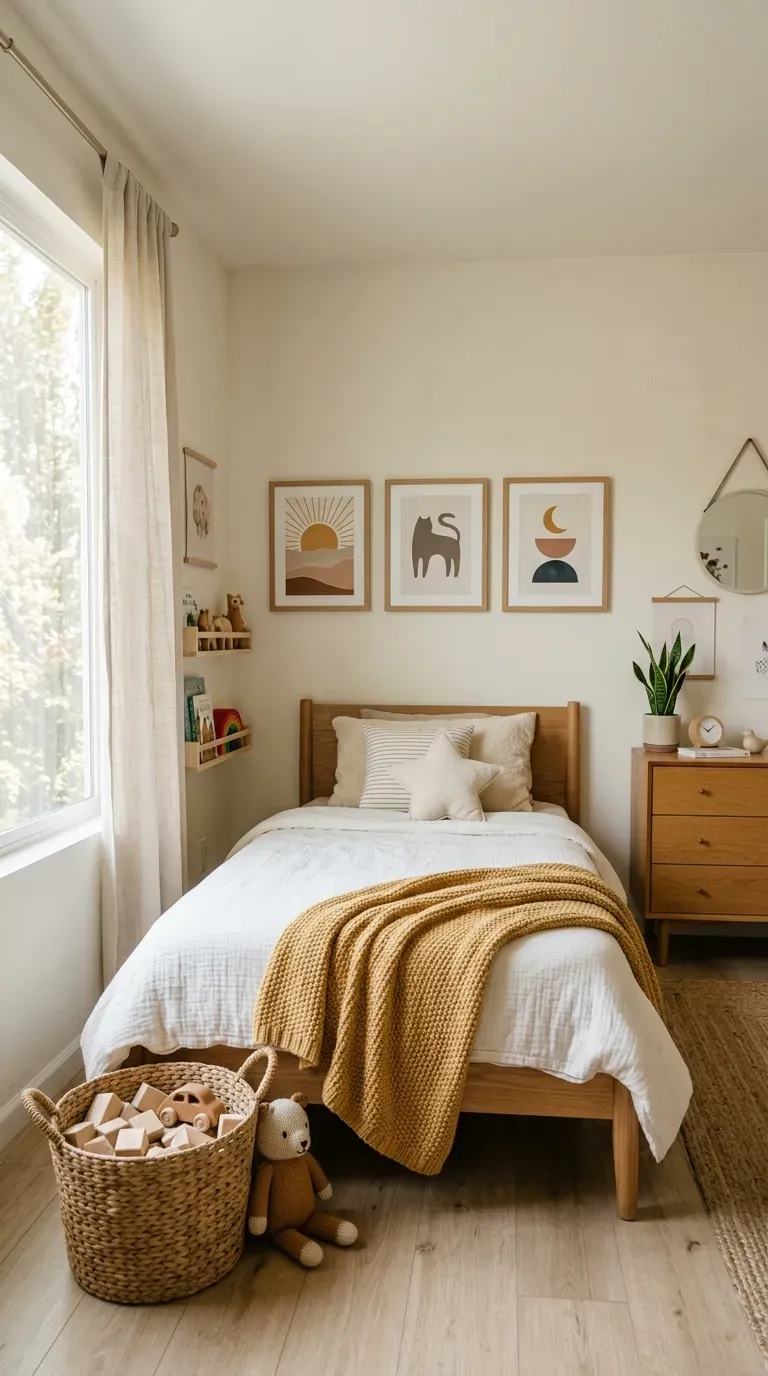 12 Aesthetic Kids Bedroom Ideas for a Dreamy Space 3 Neutral kids room with framed minimalist art