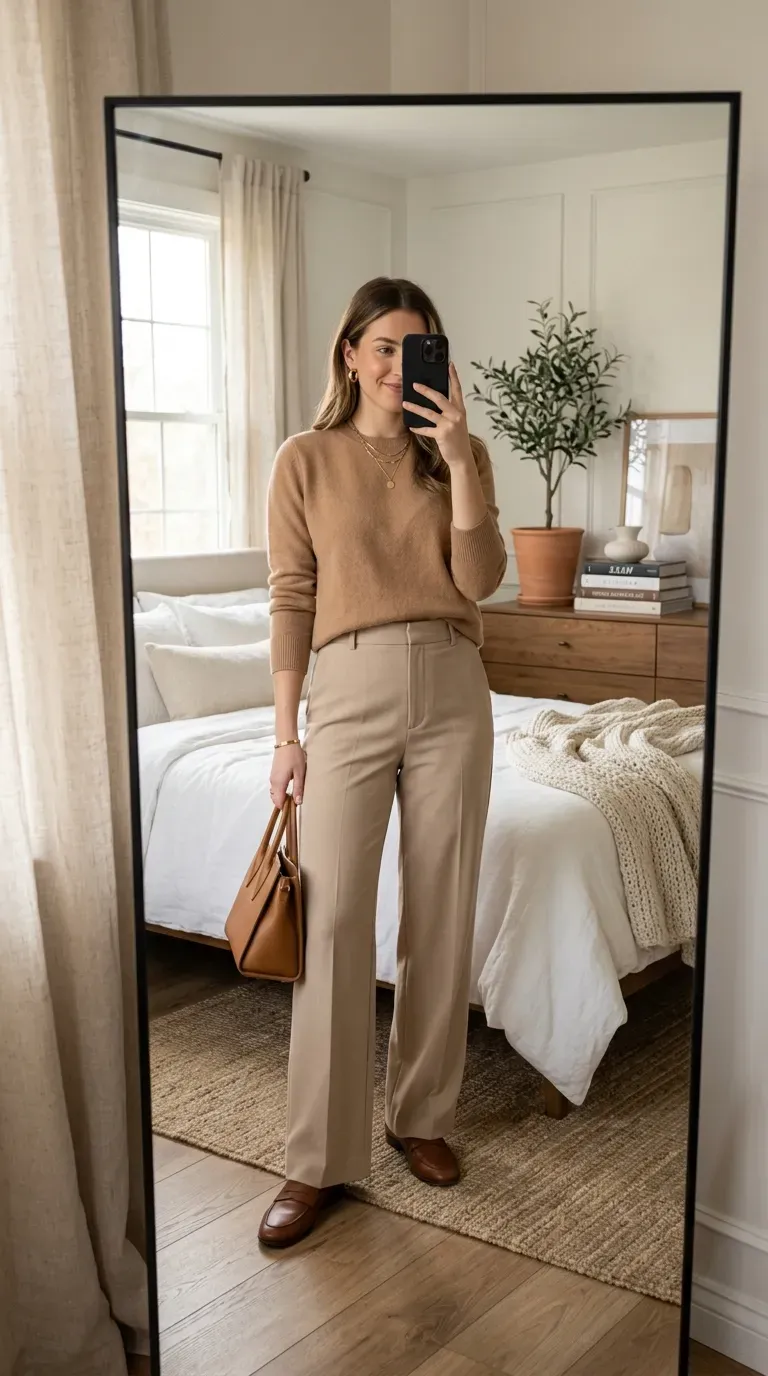 Neutral Old Money Outfits: 7 Timeless Looks for Effortless Elegance 3 Woman wearing a camel sweater with beige wide-leg trousers for an elegant neutral outfit.