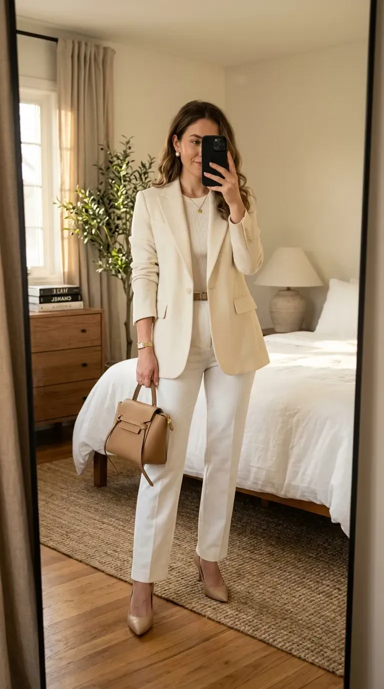 Neutral Old Money Outfits: 7 Timeless Looks for Effortless Elegance 2 Woman wearing a cream blazer with white trousers for a timeless old money outfit.