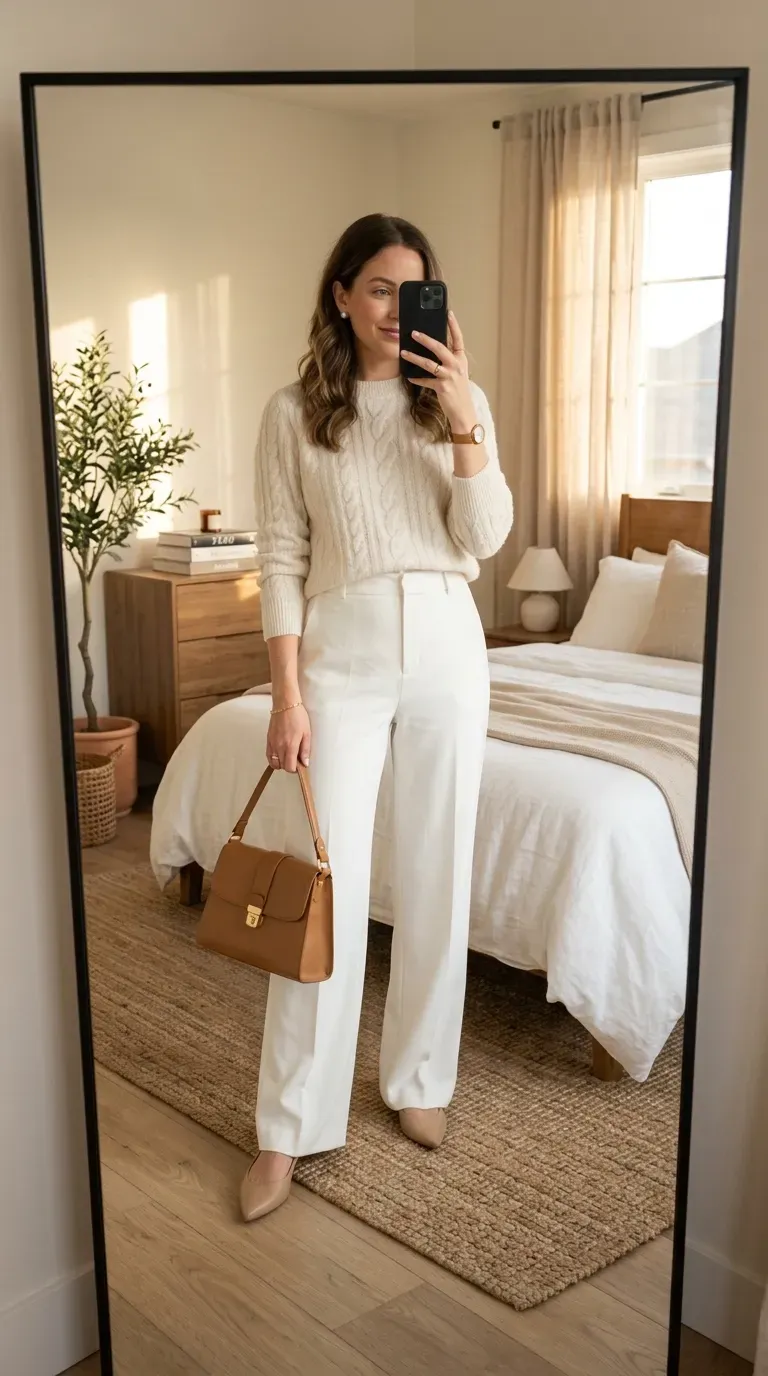 Neutral Old Money Outfits: 7 Timeless Looks for Effortless Elegance 7 Woman wearing an ivory sweater with white wide-leg pants for elegant neutral fashion.