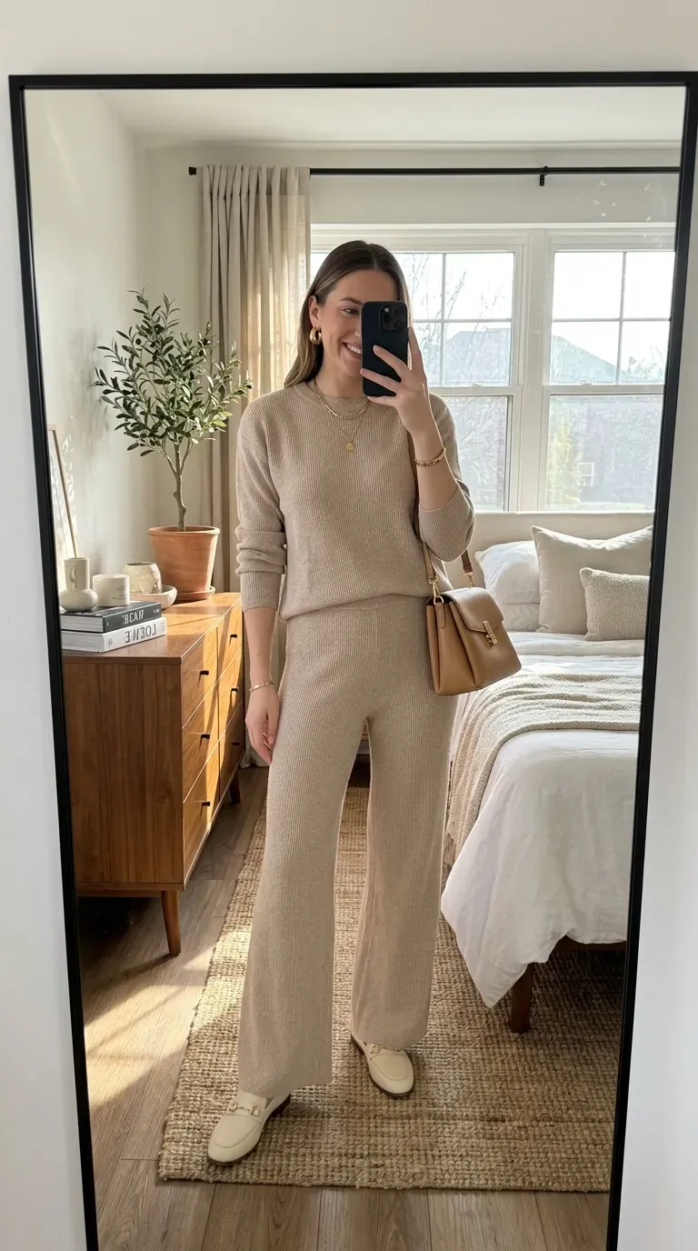 Neutral Old Money Outfits: 7 Timeless Looks for Effortless Elegance 6 Woman wearing a monochrome beige knit set for elegant old money style.
