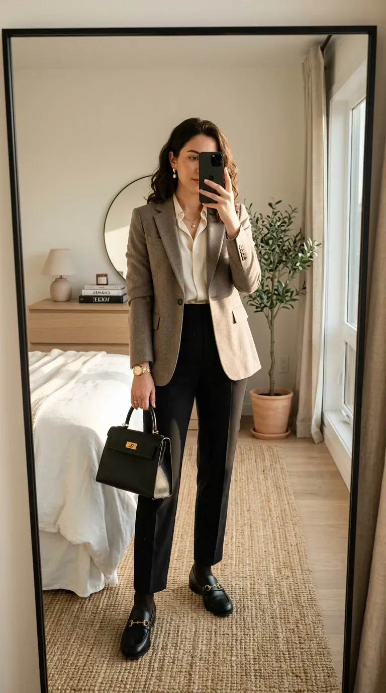 Neutral Old Money Outfits: 7 Timeless Looks for Effortless Elegance 8 Woman wearing a taupe blazer with black tailored trousers for timeless old money style.