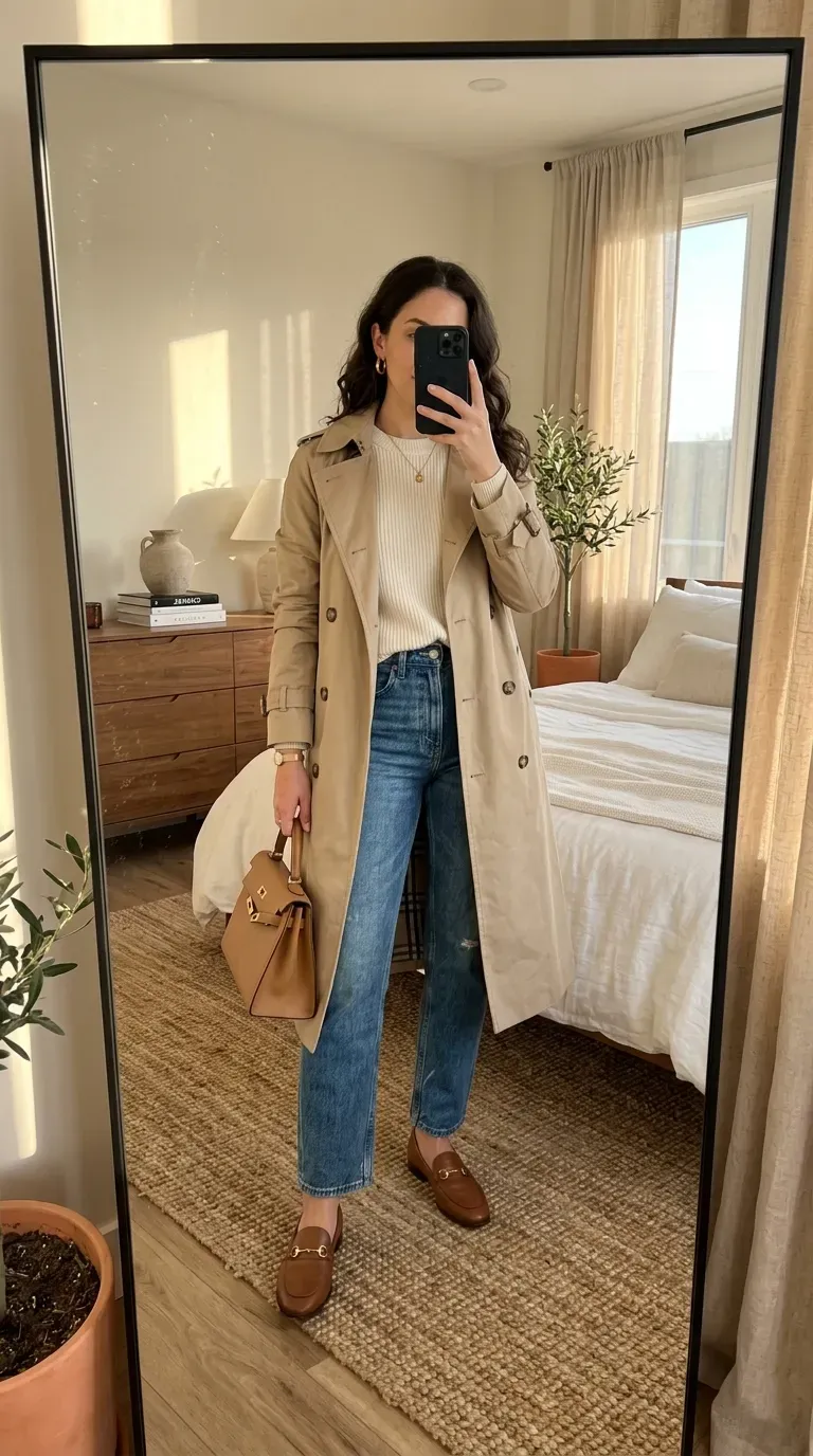 Neutral Old Money Outfits: 7 Timeless Looks for Effortless Elegance 5 Woman wearing a beige trench coat with straight-leg jeans and loafers.