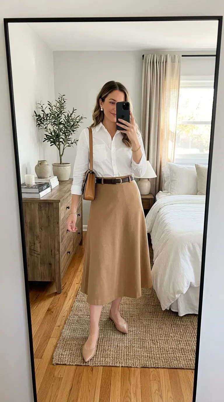 Neutral Old Money Outfits: 7 Timeless Looks for Effortless Elegance 4 Woman wearing a white button-down shirt with a camel midi skirt for classic old money fashion.