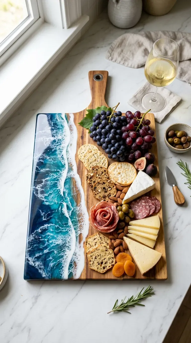 A wooden charcuterie board with a realistic resin ocean wave design