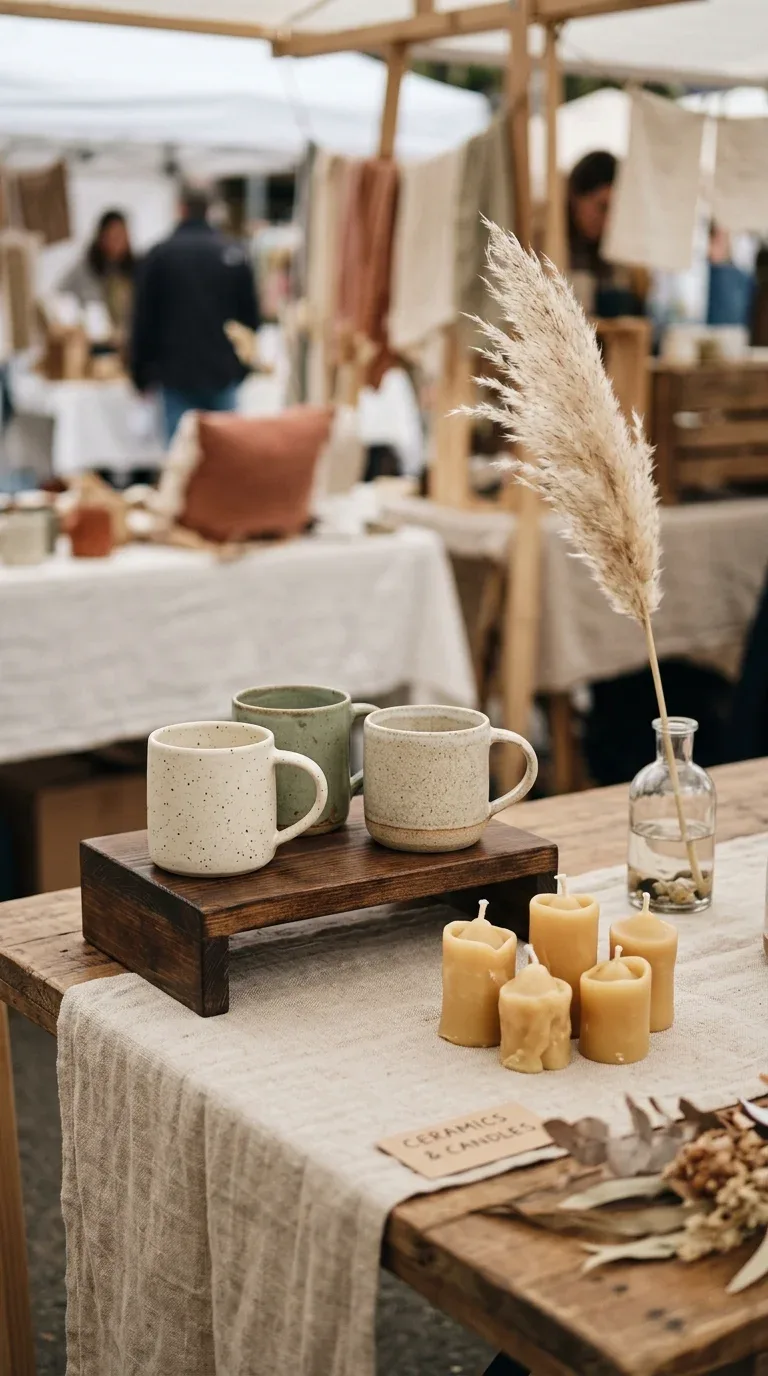 17 Creative Craft Booth Ideas for First-Time Vendors 8 Handmade products grouped in threes and fives across a styled craft booth display table