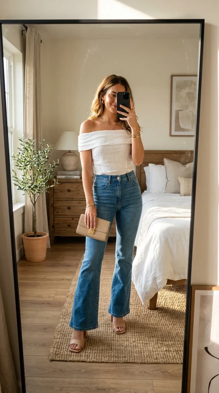 Woman wearing an off-shoulder top with flare jeans taking an iPhone mirror selfie.