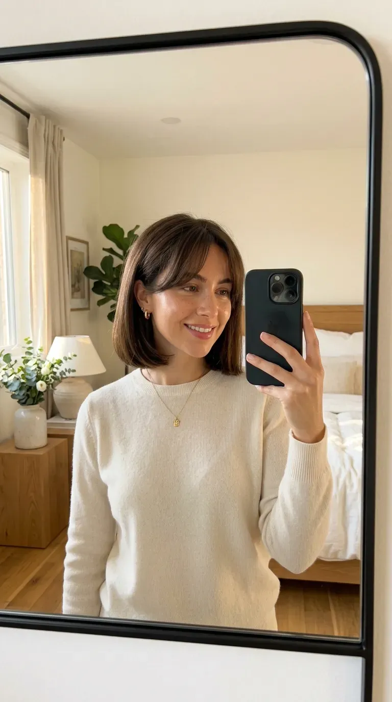 Woman with curtain bangs and old money bob taking an iPhone mirror selfie.
