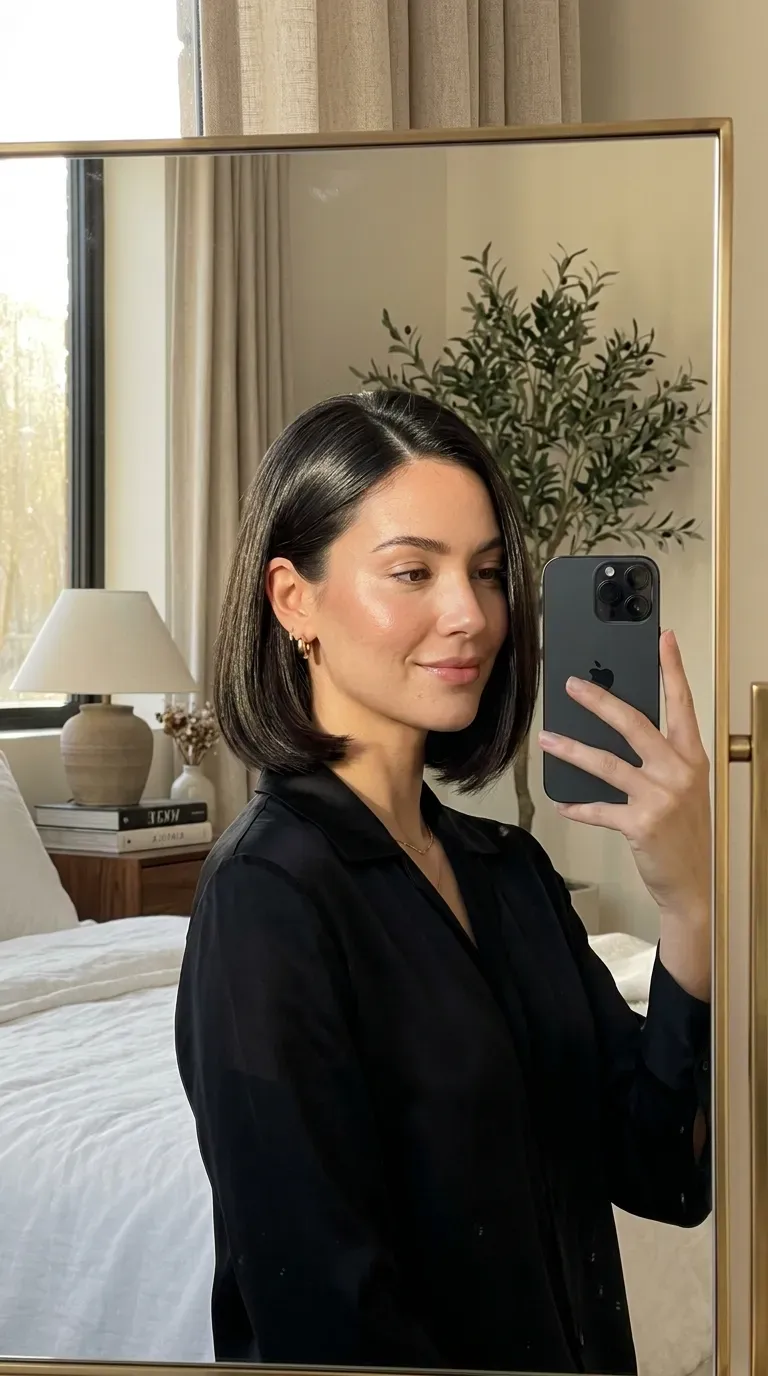 Woman with softly wavy old money bob taking an iPhone mirror selfie.