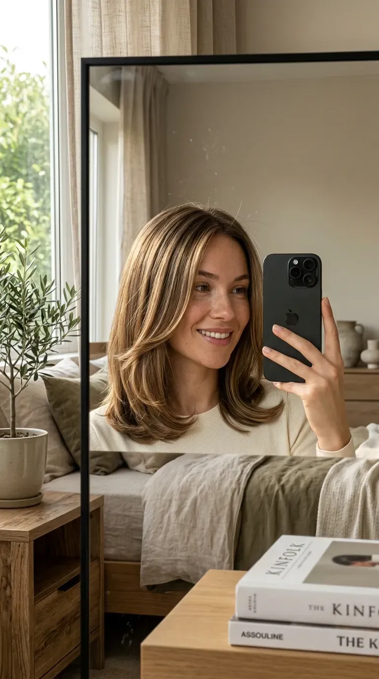 Woman with wispy bangs and old money bob taking an iPhone mirror selfie.