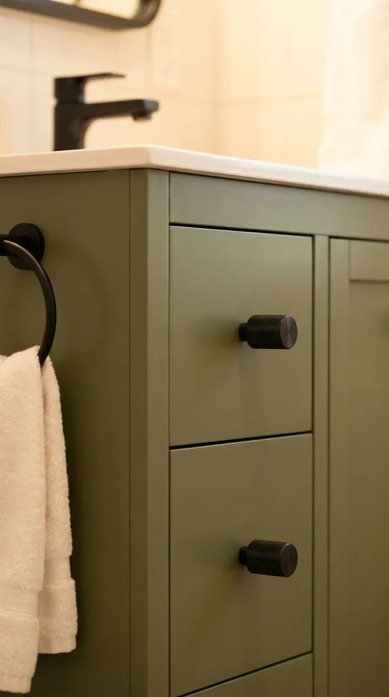 An olive green bathroom vanity featuring matte black drawer pulls