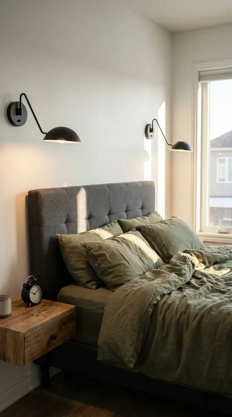 A bed heavily layered in olive green linen with black wall sconces