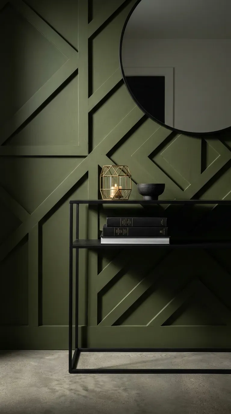 An olive green geometric accent wall with a black console table