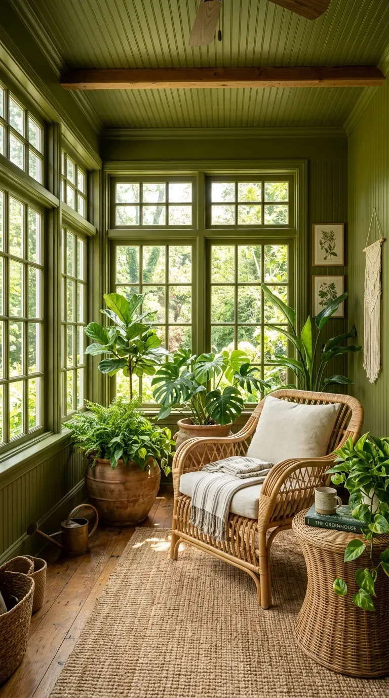 15 Genius Color Drenching Room Ideas You Need to Try 13 A bright sunroom with walls and window trim color-drenched in olive green