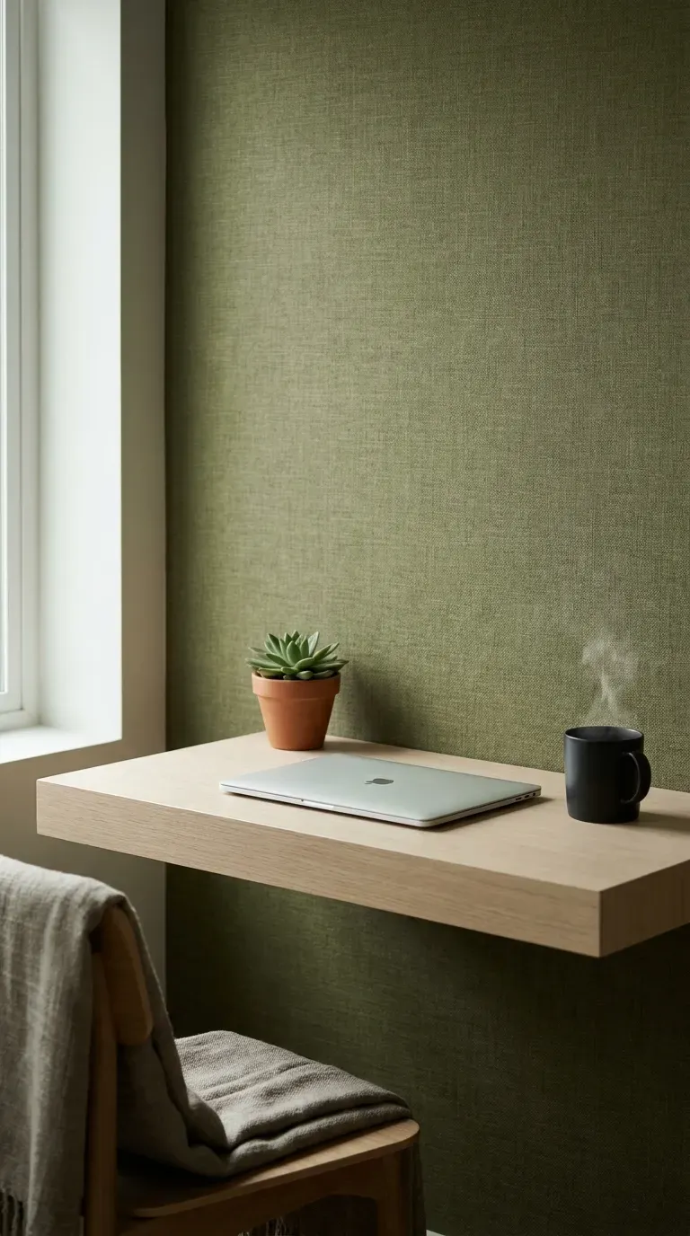 15 Gorgeous Green Aesthetic Wallpaper Ideas You Need to Try 5 A minimalist home office featuring textured olive green linen wallpaper