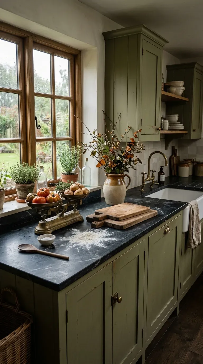 14 Genius Kitchen Color Palette Ideas You Need to Try 10 Olive green kitchen cabinetry topped with dark veined soapstone counters