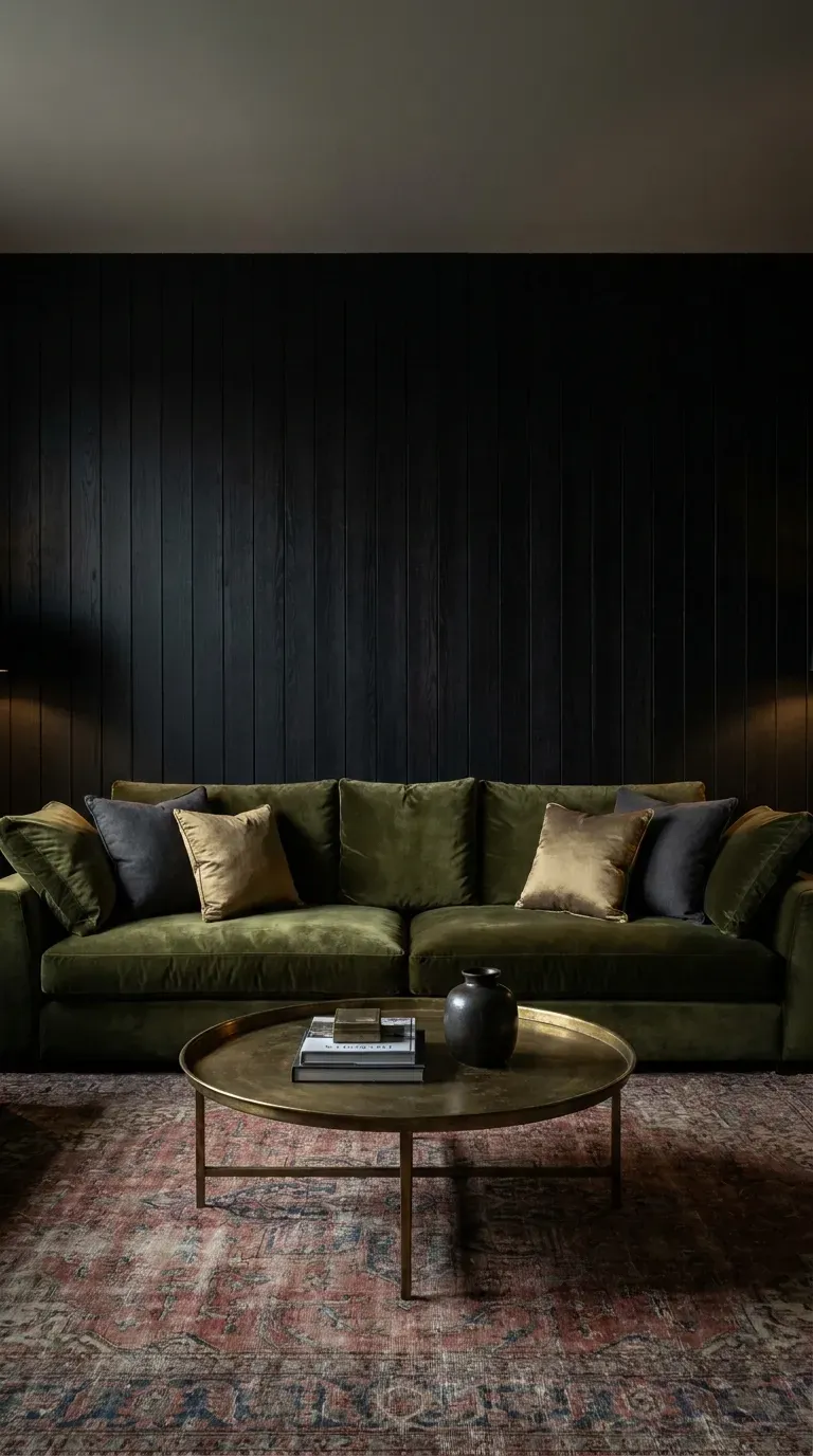 A plush olive green velvet sofa against black wood paneling