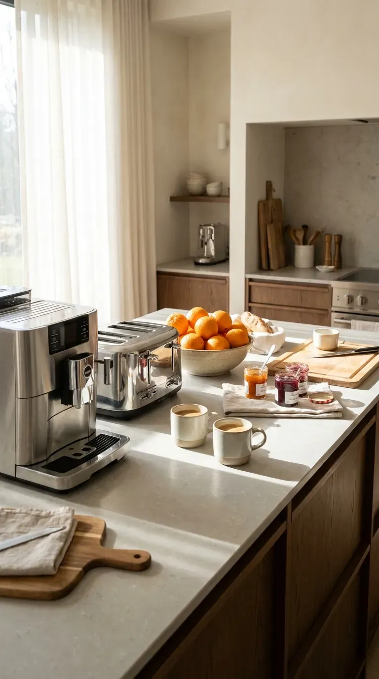 15 Genius Coffee Corner Ideas You Need to Try 9 A kitchen island styled as a complete morning breakfast and coffee station