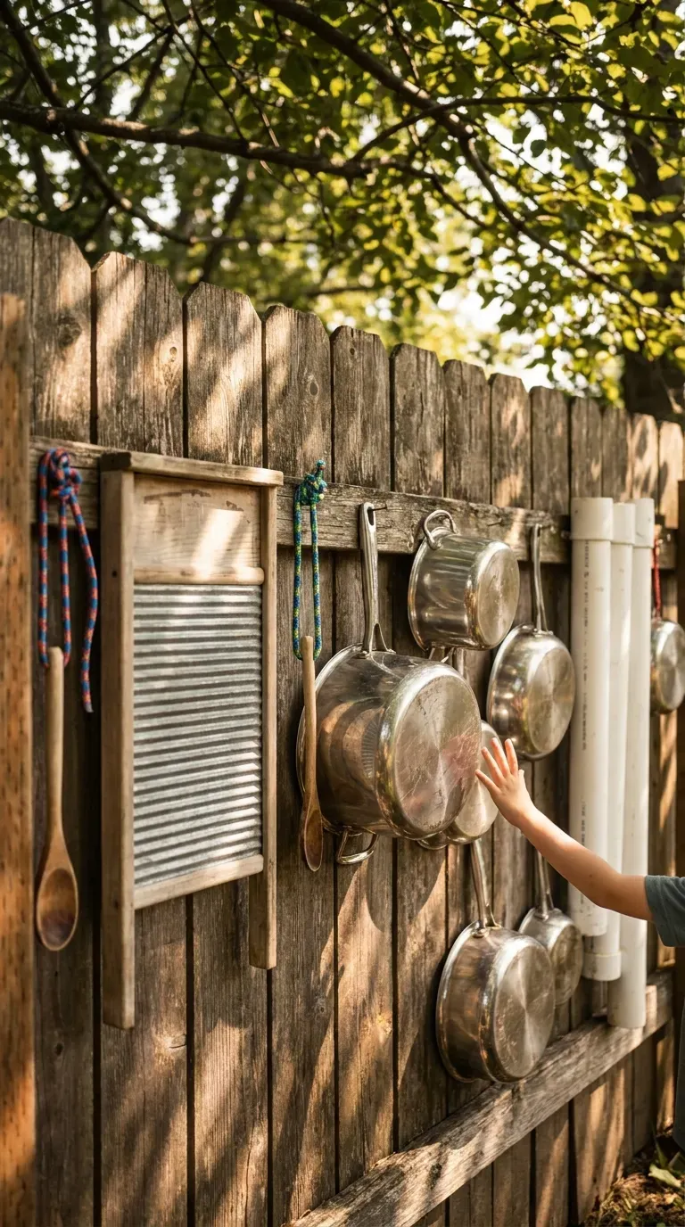 10 Must-Try Fun Outdoor Play Area Ideas Kids Will Love 10 A wooden fence featuring hanging pots, pans, and PVC pipes for music