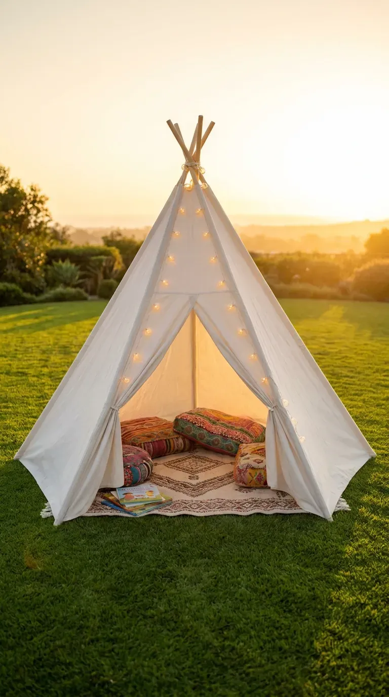 10 Must-Try Fun Outdoor Play Area Ideas Kids Will Love 7 A cozy canvas teepee tent filled with pillows on a grassy lawn