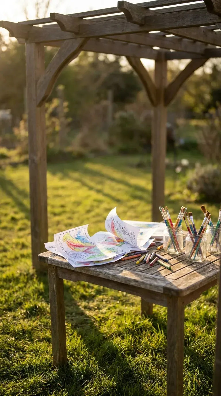 10 Must-Try Fun Outdoor Play Area Ideas Kids Will Love 3 An outdoor art table covered in coloring pages, crayons, and paint
