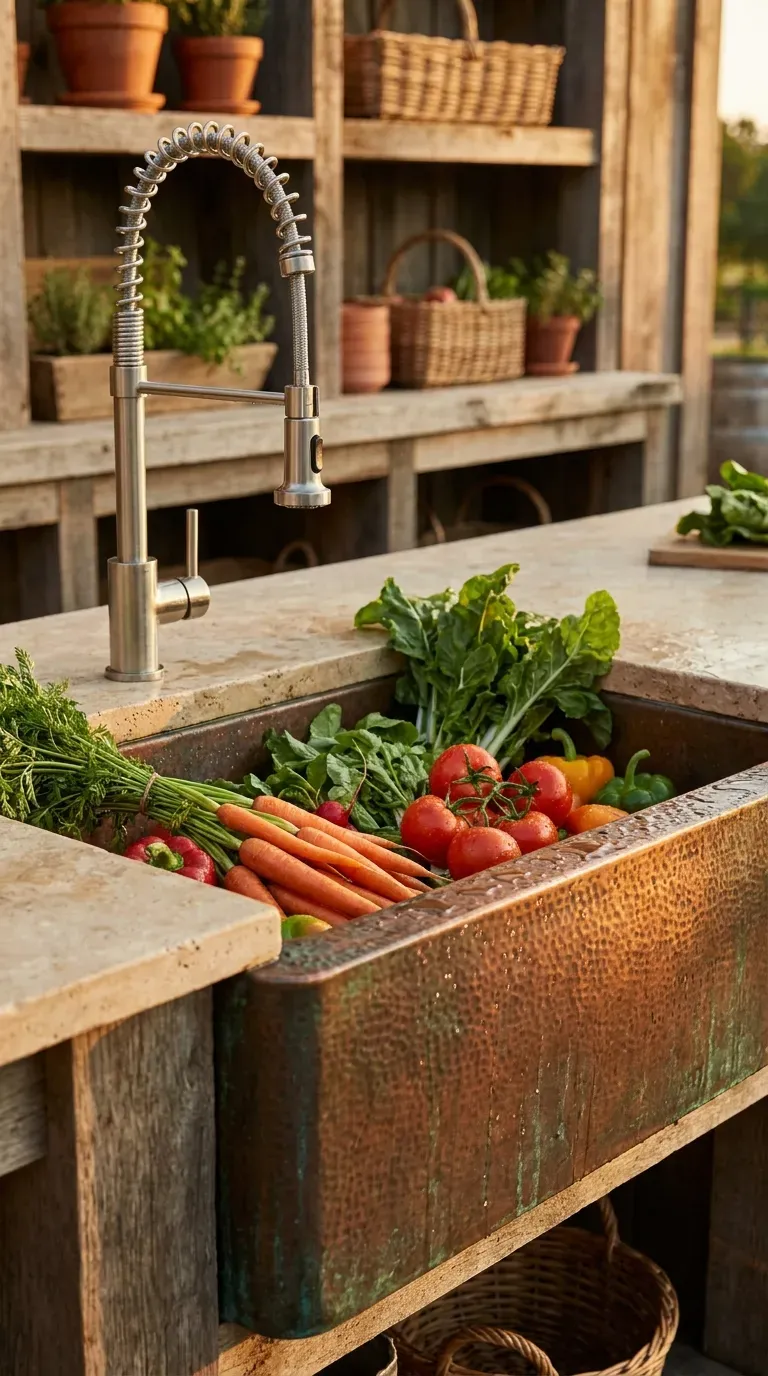 15 Genius Backyard Kitchen Ideas You Need to Try 15 A deep copper farmhouse sink installed in a rustic outdoor kitchen prep area