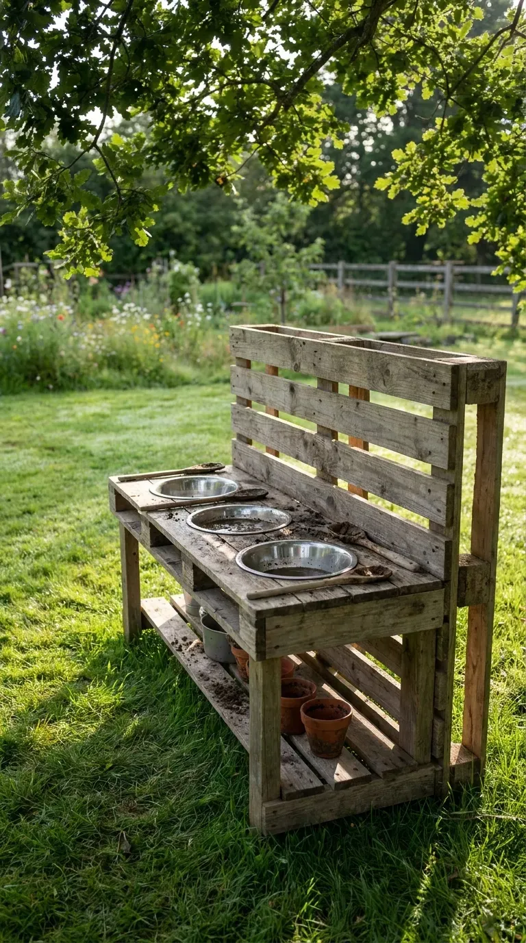 10 Must-Try Fun Outdoor Play Area Ideas Kids Will Love 2 A rustic outdoor mud kitchen with stainless steel bowls and wooden spoons