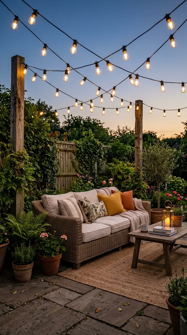17 DIY Summer Decorations on a Budget 12 Warm outdoor string lights crisscrossed above a patio seating area at dusk