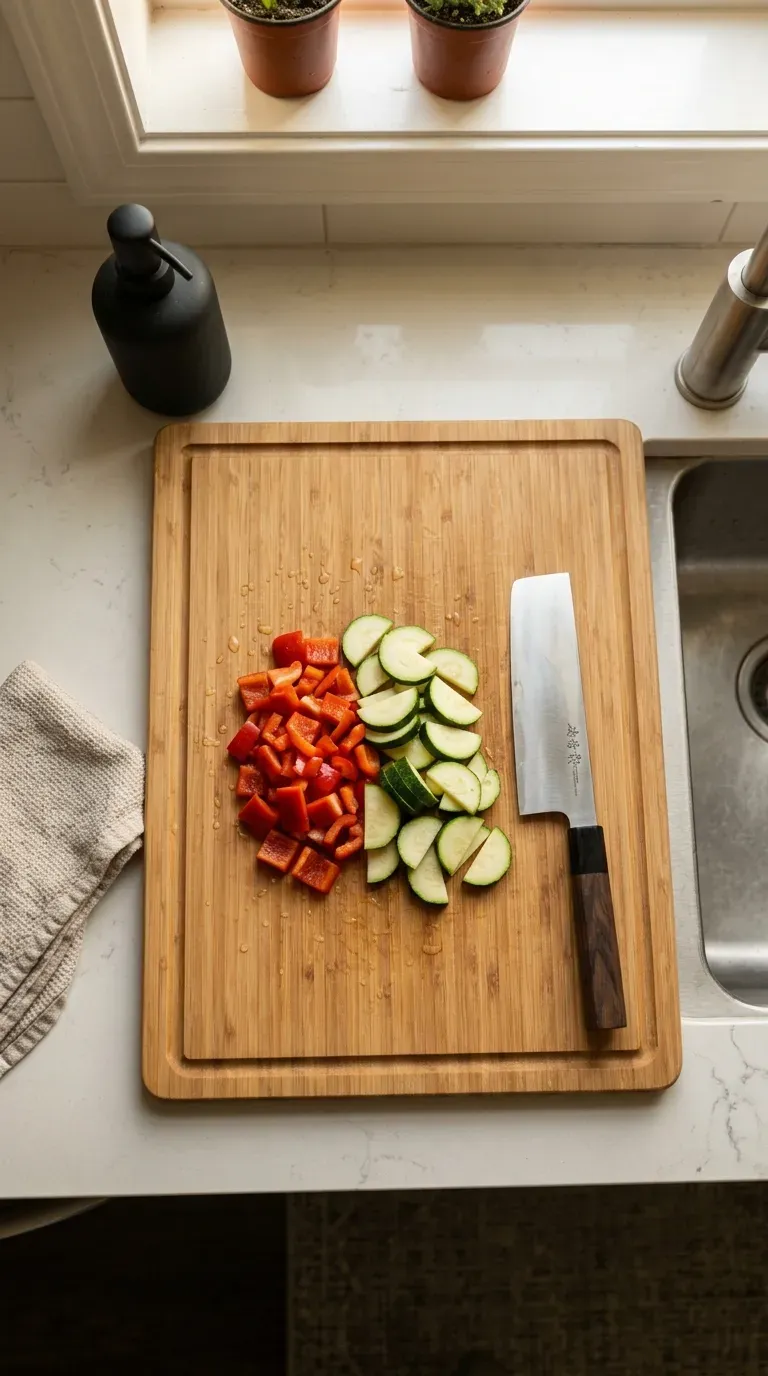 A thick bamboo over-the-sink cutting board with freshly chopped vegetables