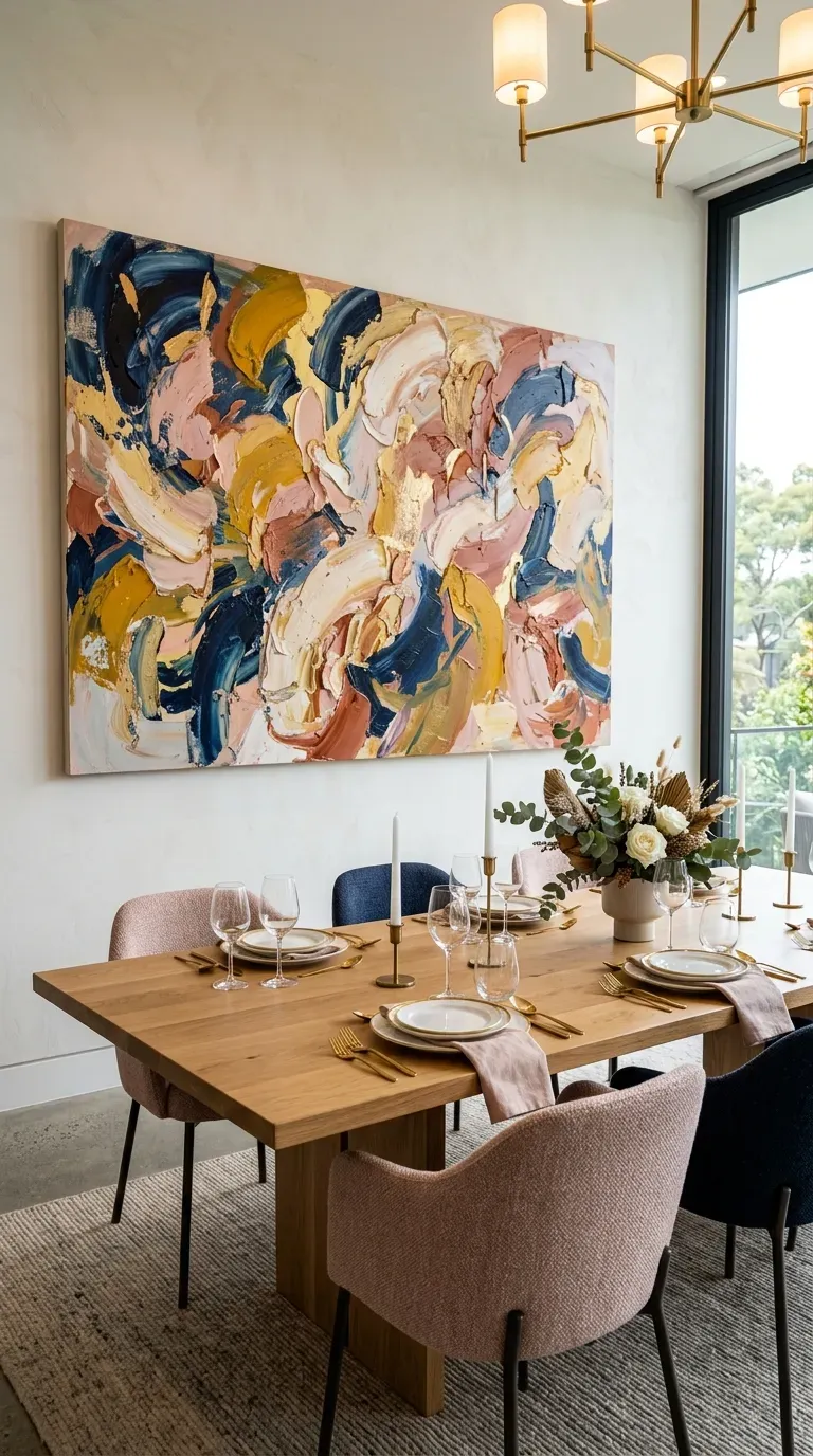 12 Aesthetic Dining Room Wall Decor Styles to Copy Today 11 A chic dining room anchored by a massive, colorful abstract canvas painting
