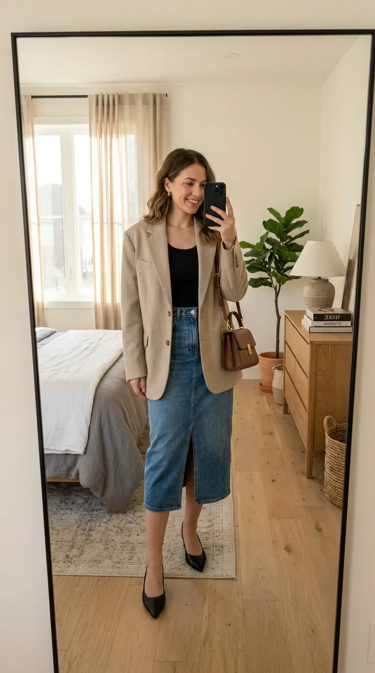 How to Style a Denim Skirt: 10 Chic Outfit Ideas You'll Want to Wear 4 Woman wearing an oversized blazer with a denim skirt taking an iPhone mirror selfie.