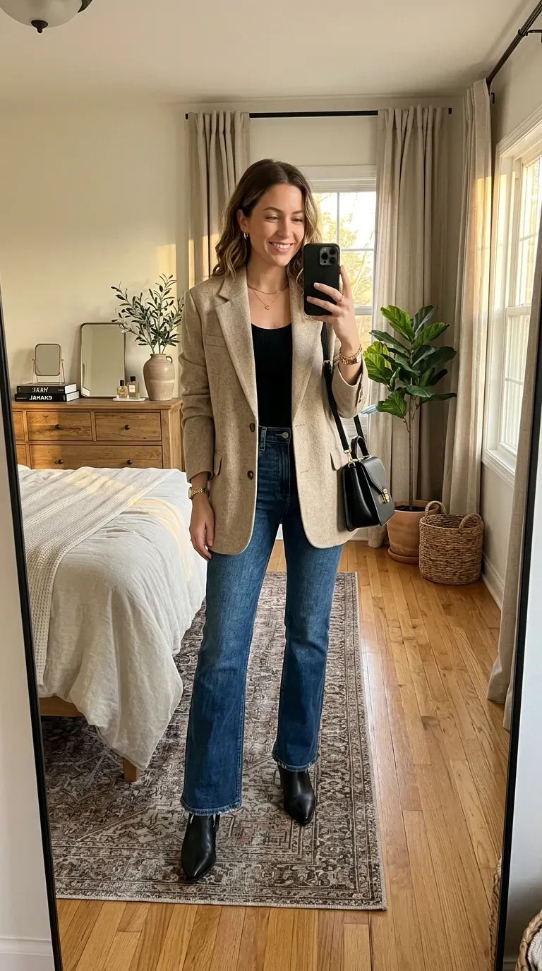 Woman wearing an oversized blazer and flare jeans taking an iPhone mirror selfie.
