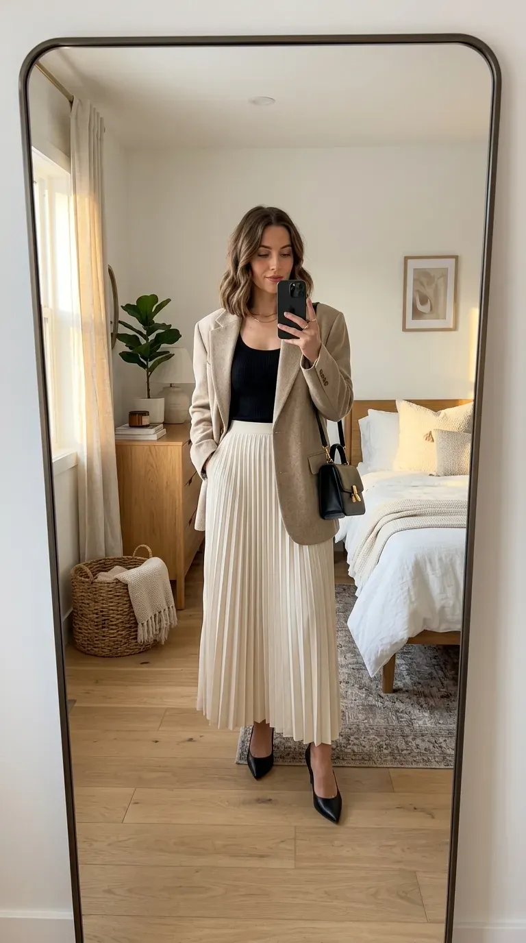 Woman wearing an oversized blazer with a maxi skirt taking an iPhone mirror selfie.
