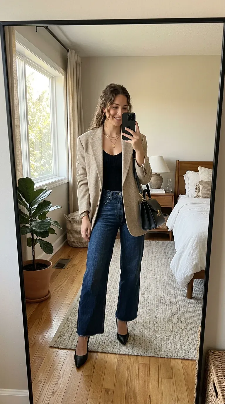Woman wearing an oversized blazer with wide leg jeans taking an iPhone mirror selfie.
