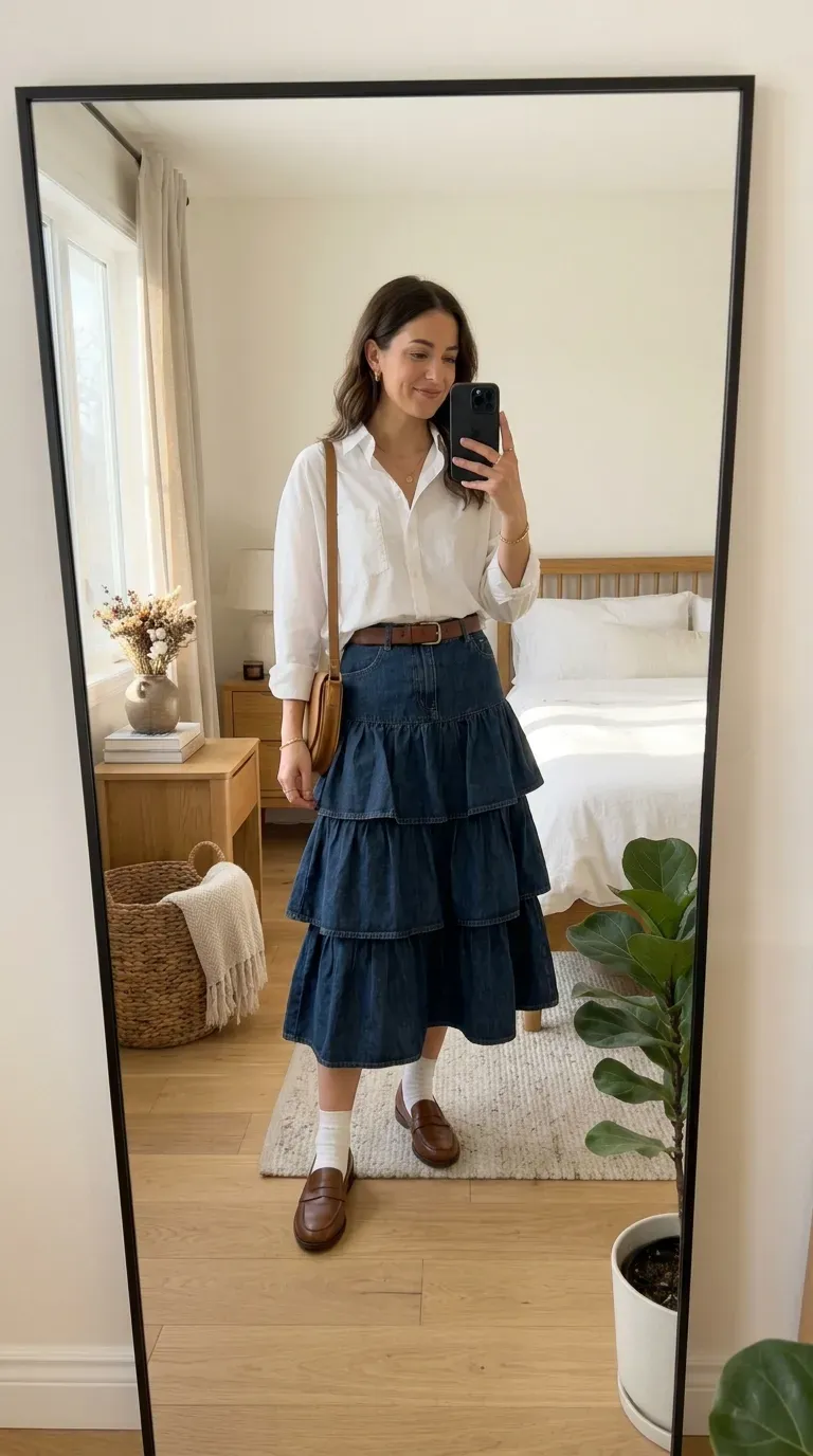 How to Style a Denim Skirt: 10 Chic Outfit Ideas You'll Want to Wear 8 Woman wearing an oversized button-down shirt with a denim skirt taking an iPhone mirror selfie.