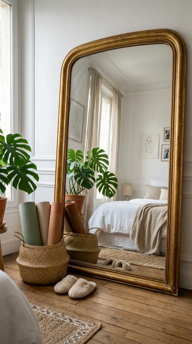 15 Genius Aesthetic Room Ideas You Need to Try 5 A giant gold arched floor mirror leaning against a bedroom wall