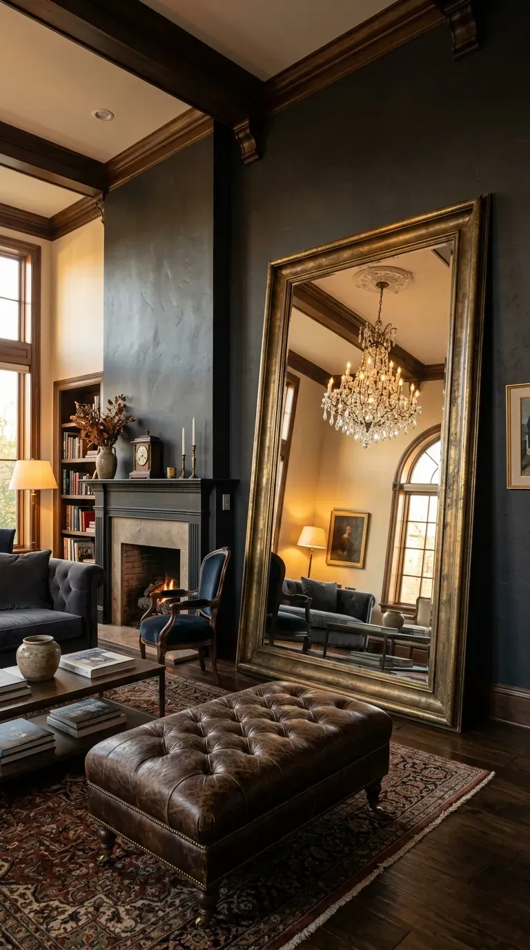 15 Genius Living Room Decor Ideas You Need to Try 11 An oversized vintage brass mirror leaning against a living room wall