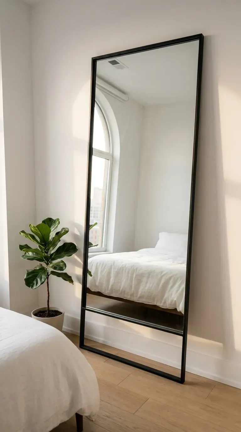 A massive, thin-framed black floor mirror leaning against a white wall
