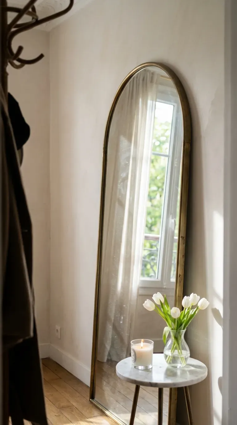 10 Genius Small Room Ideas to Maximize Your Space 4 A massive brass floor mirror reflecting a bright window